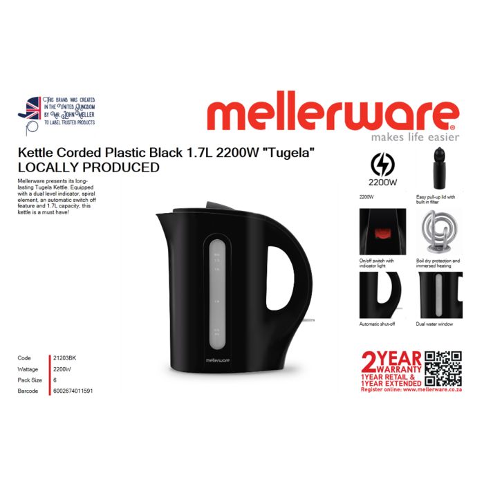 MELLERWARE KETTLE PLASTIC 1.7L 2200W BLACK Agrinet